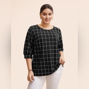 Bloom Chic 18-20 Black/White Windowpane Plaid Pullover Puff Sleeve Scoop Neck